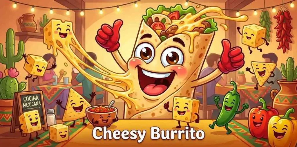 Cheesy burrito smiling happily