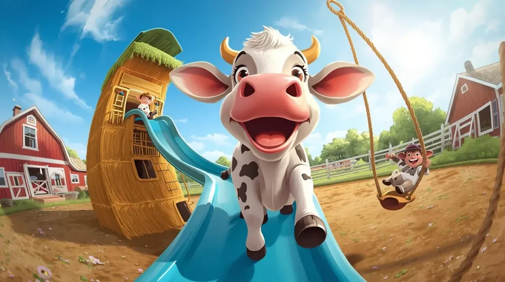 Cartoon cow playing outdoors