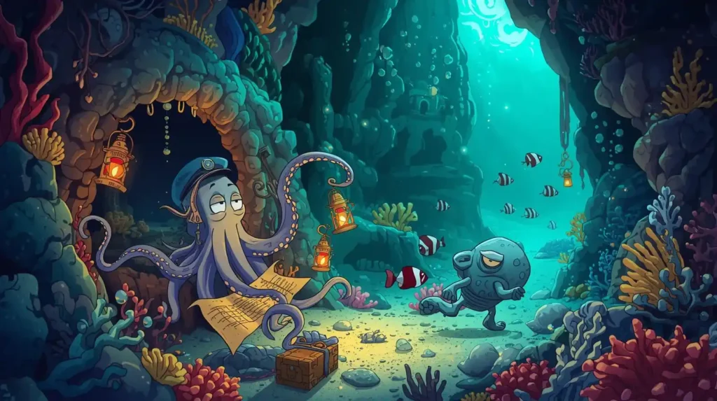 Octopus exploring ocean treasure