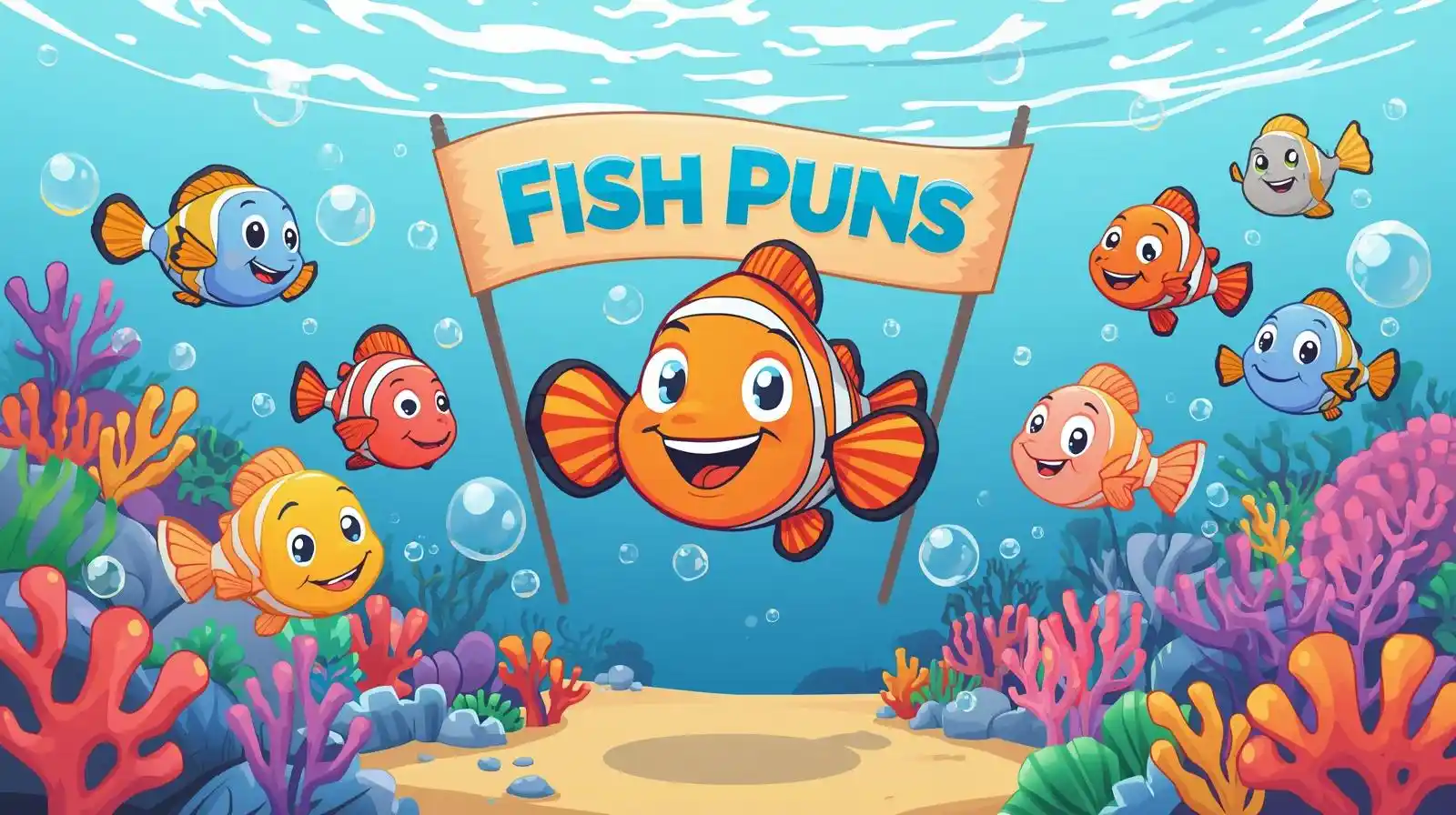Colorful cartoon fish pun ocean scene