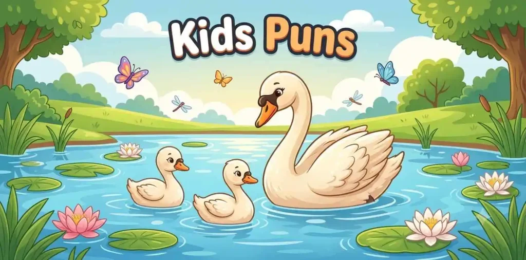 Cute swan with baby birds