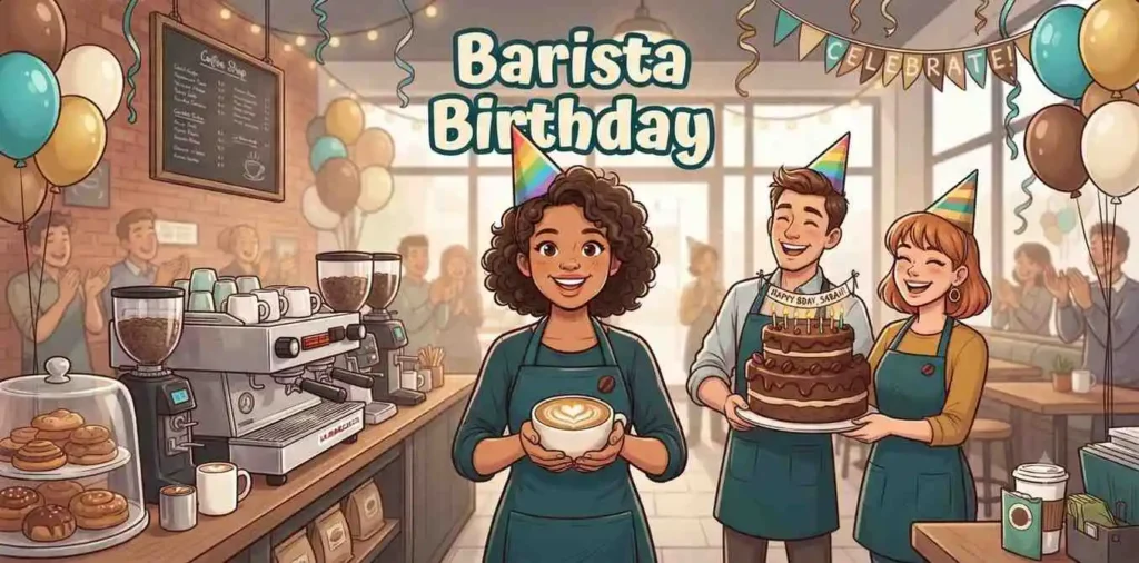 Cheerful birthday barista serving