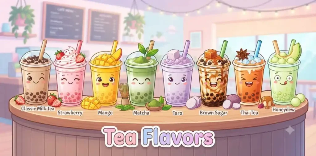 Colorful bubble tea flavors
