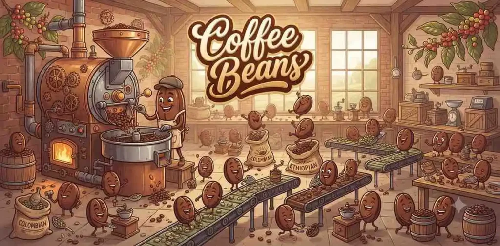 Smiling coffee bean friends