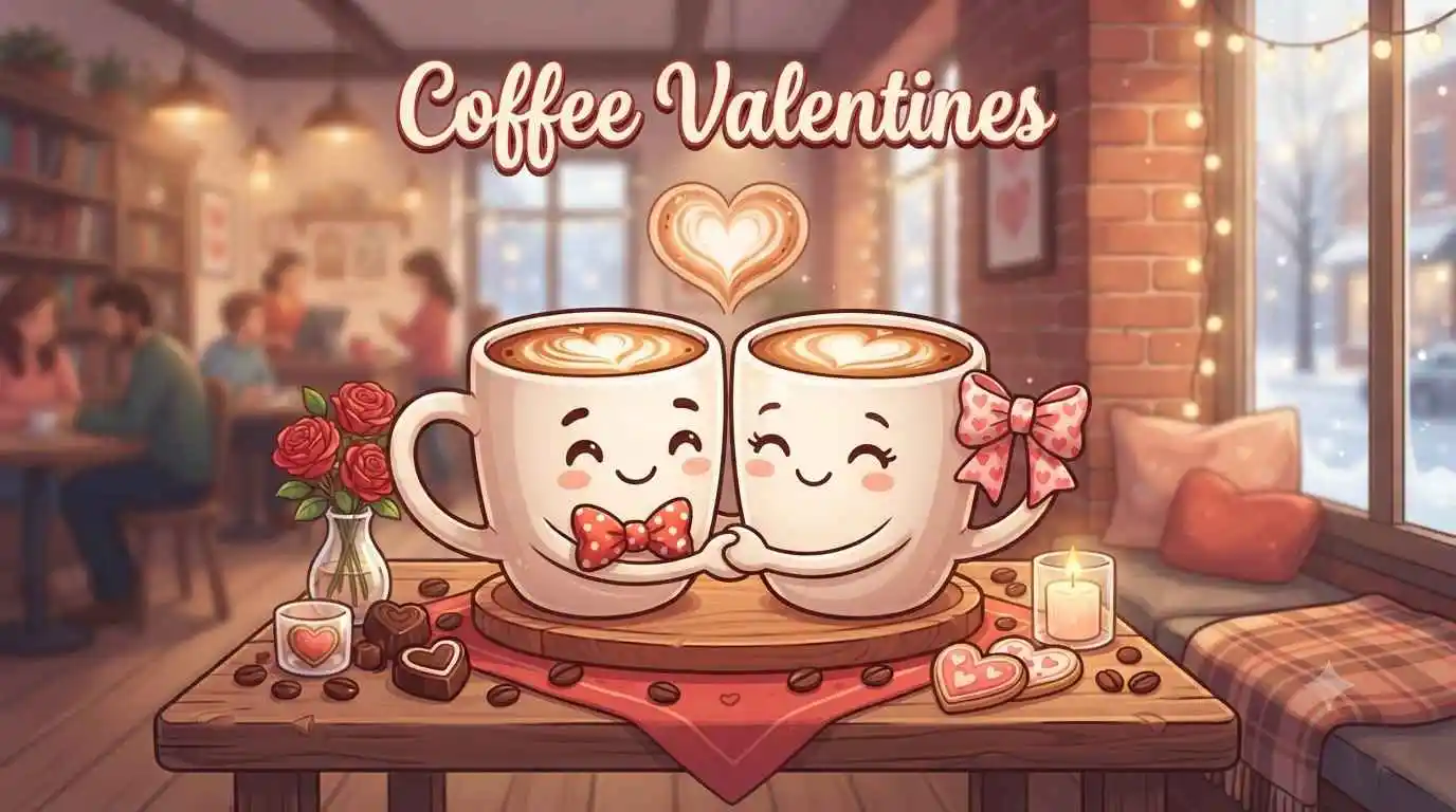 Romantic coffee mugs smiling