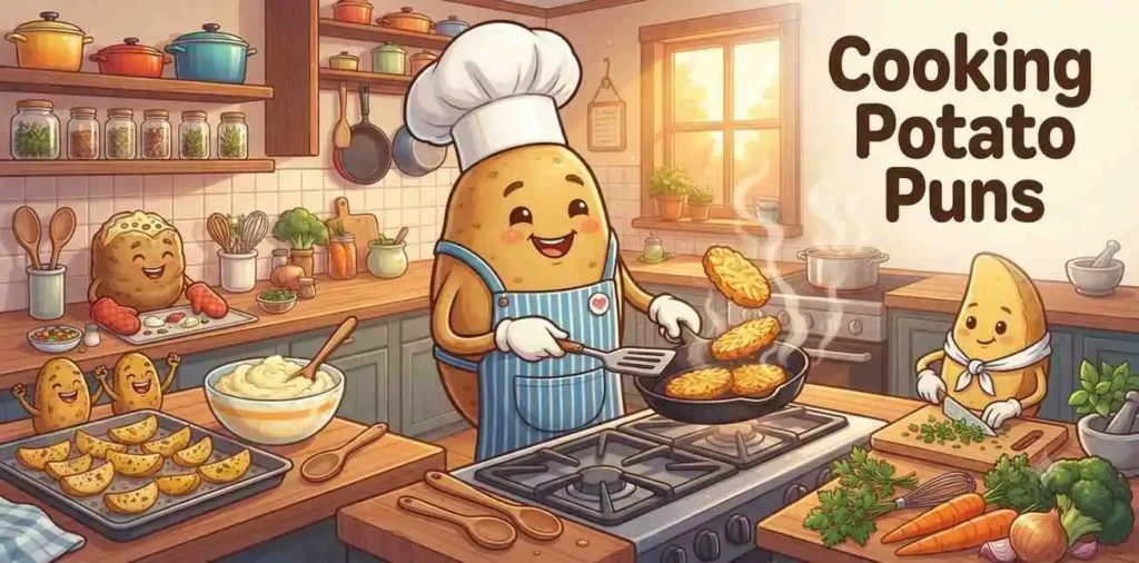 Potato chef cooking happily