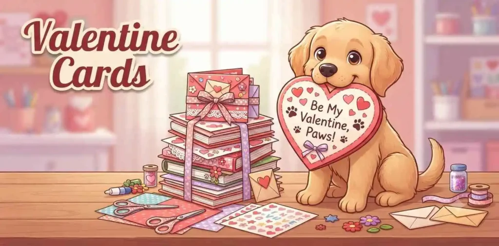 Puppy holding Valentine card.