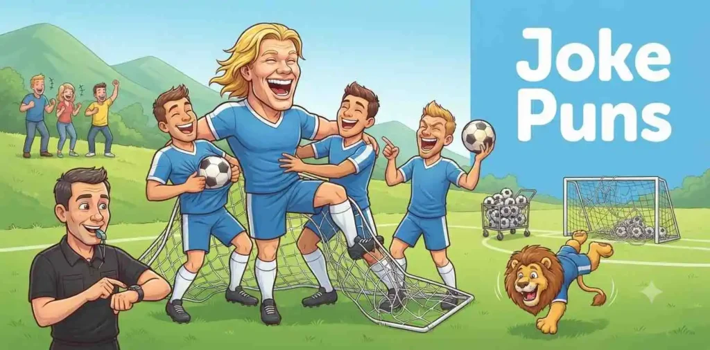 Funny soccer players laughing together