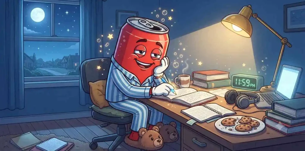 Sleepy cola studying at night