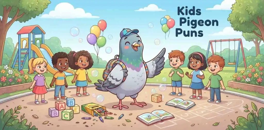 Playful pigeon with children
