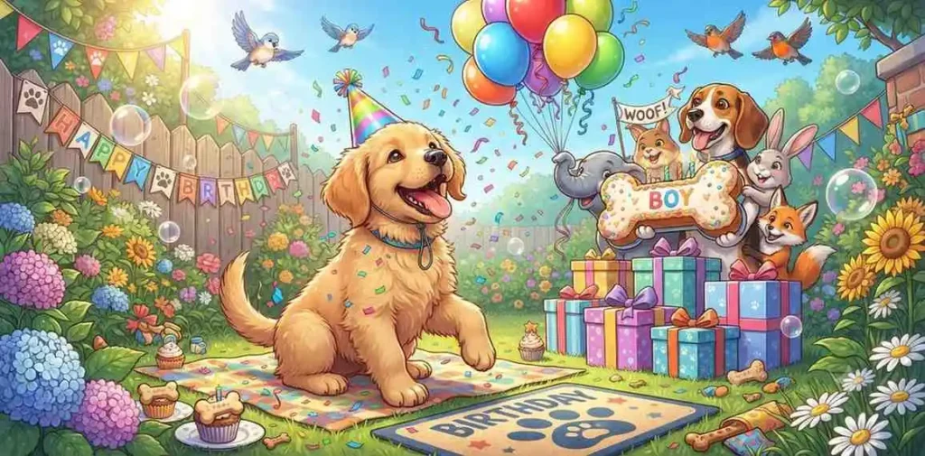 Barking birthday puppy smiling