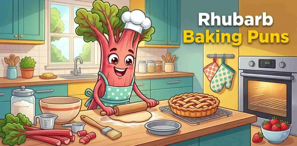 Cute rhubarb character baking pie
