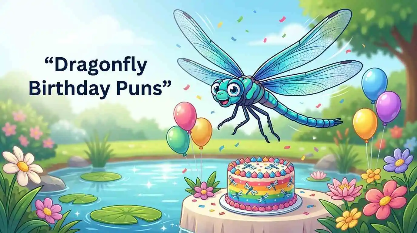 Cute dragonfly celebrating birthday outdoors