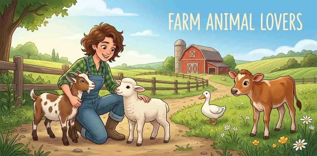 Farmer cuddling friendly farm animals