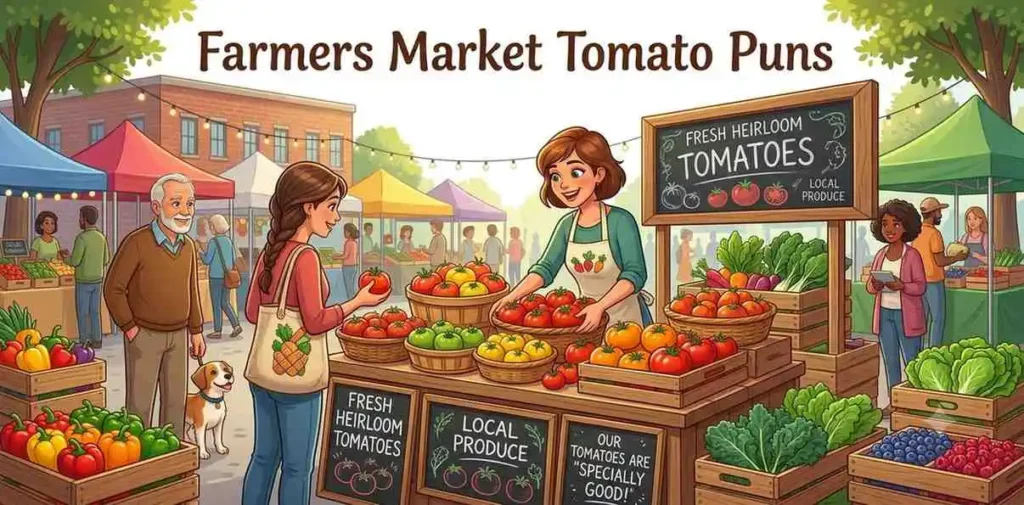 Tomato vendor at colorful farmers market