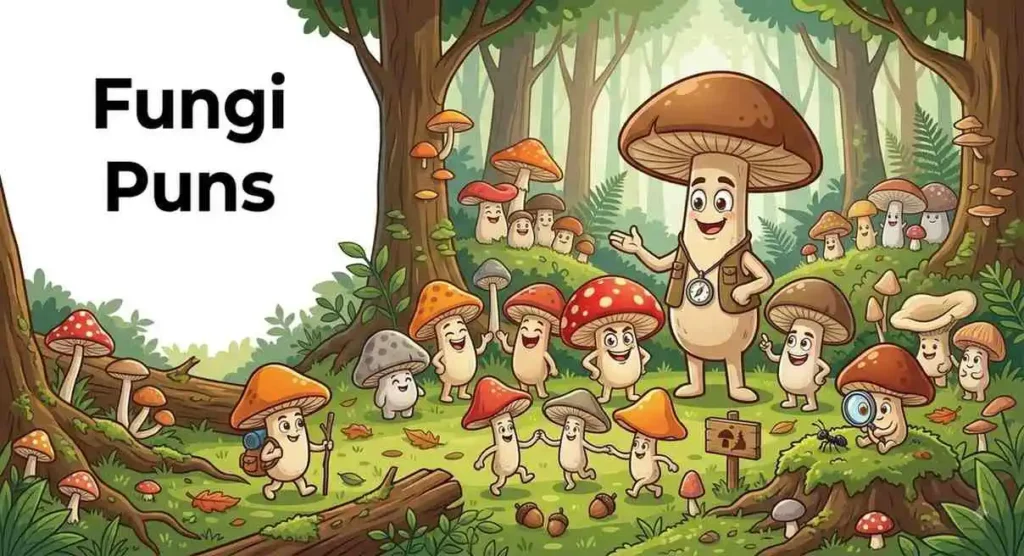 Funny fungi characters in forest