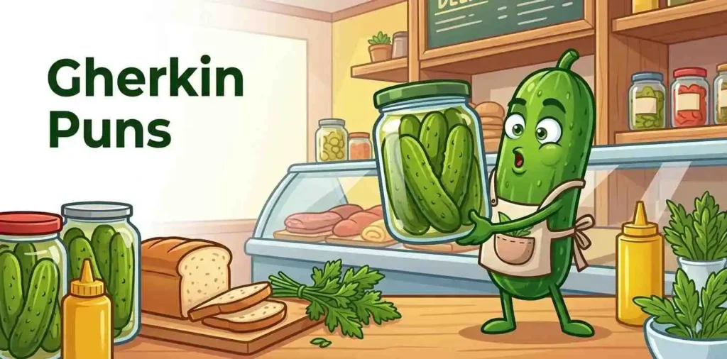 Playful gherkin character near pickle jar