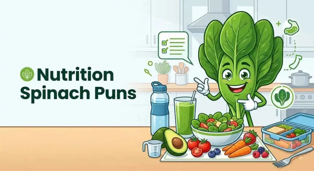 Funny spinach character with healthy foods