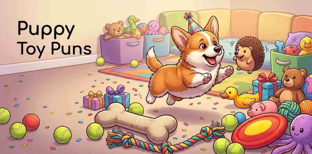 Happy puppy playing with birthday toys