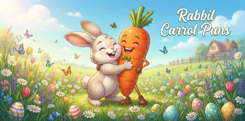 Happy rabbit holding carrot.