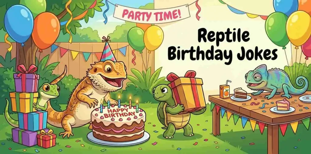 Reptiles laughing at birthday party