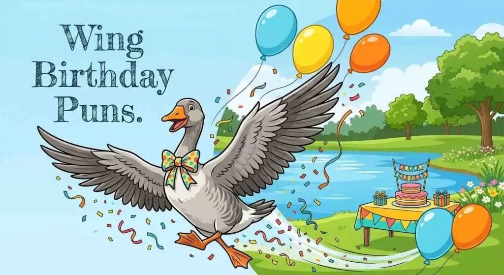 Goose spreading wings at party
