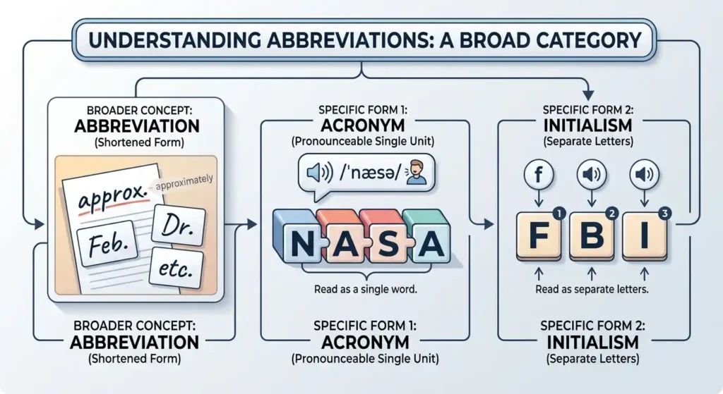 Visual comparison of an abbreviation, an acronym, and an initialism.