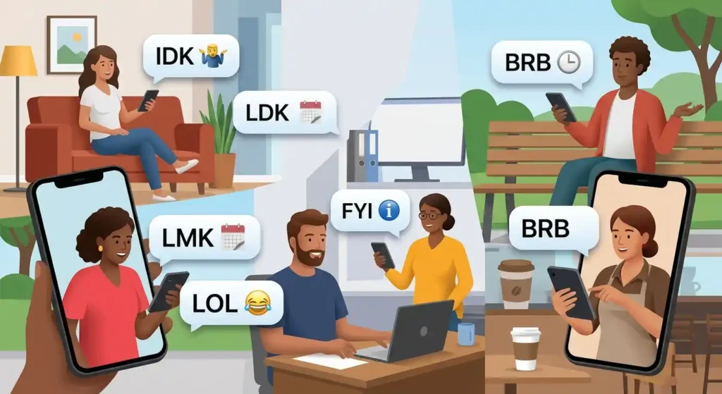 Group chat illustration showing common texting acronyms and abbreviations.