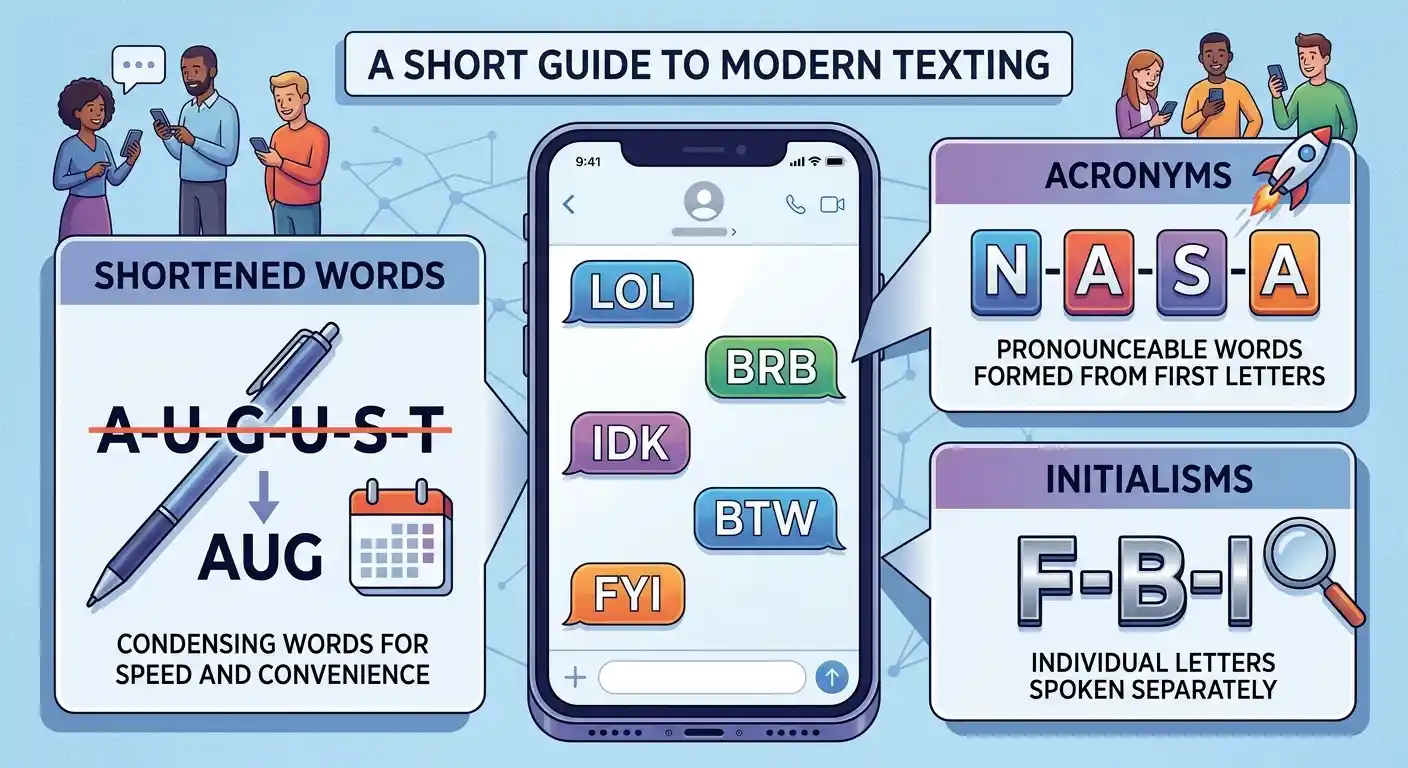 Illustration showing acronyms, abbreviations, and texting short forms in digital communication.