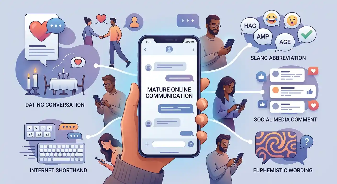 Illustration showing adult internet slang as a broad category of mature online language.