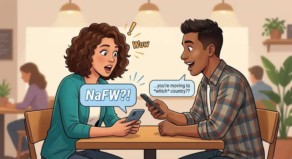 Chat illustration showing NaFW used as a surprised reaction to unexpected news.