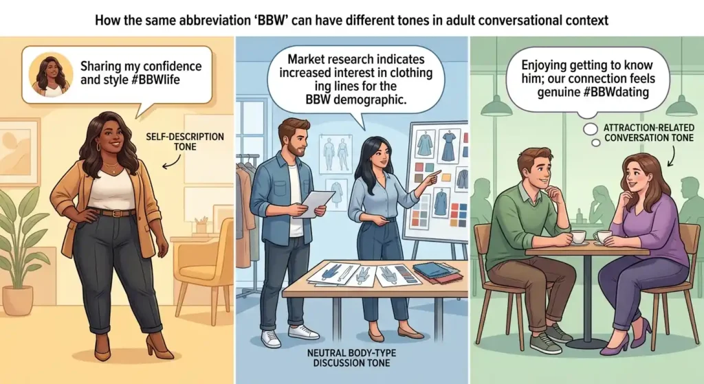 Different contexts showing how BBW can describe body type, self-identity, or attraction