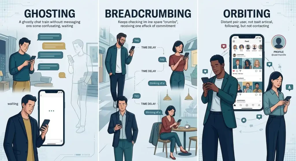 Illustration comparing ghosting, breadcrumbing, and orbiting as different dating communication patterns.