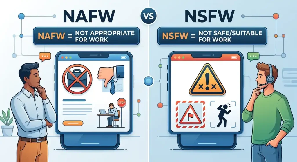 Comparison showing the difference between NAFW and NSFW workplace content warnings.