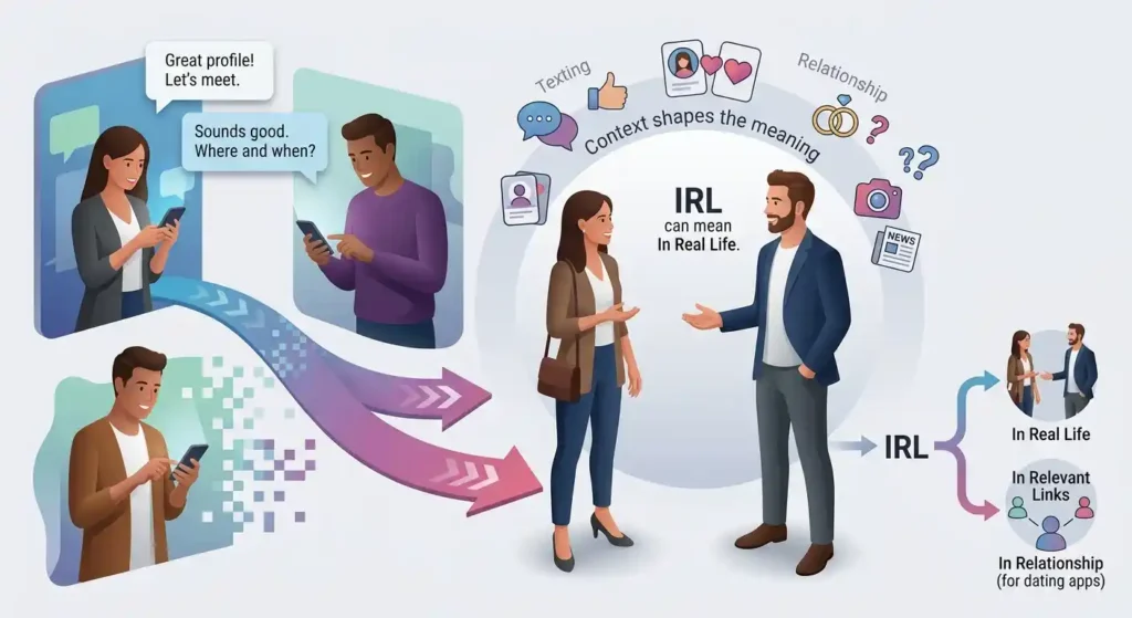 Illustration showing an online dating conversation transitioning into an in-person meeting.