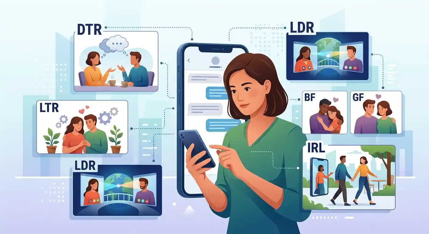 Illustration showing common dating abbreviations used to discuss relationships, dating goals, and relationship status.