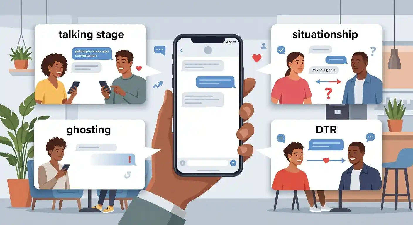 Illustration showing dating slang used to describe different dating conversations and relationship stages.
