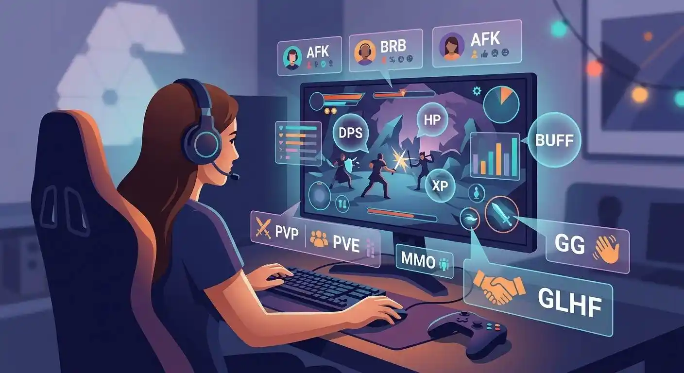 Gamer using common abbreviations for communication, game mechanics, and multiplayer modes