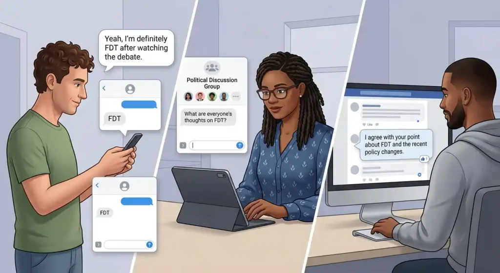 FDT appearing in political texts, group chats, and social media comments