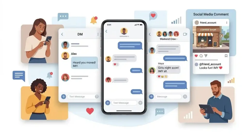 Examples of IMY used in texts, DMs, group chats, and social media
