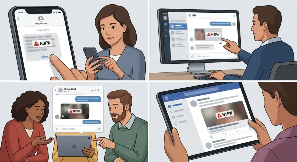 Illustration showing NSFW warnings used in texts, DMs, group chats, and social media