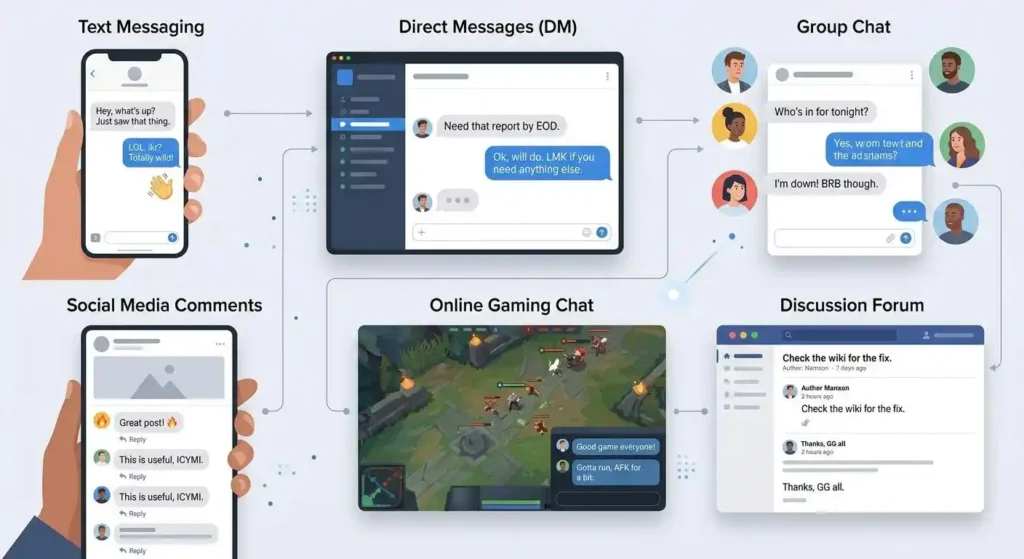 Online slang appearing in texts, DMs, group chats, comments, gaming, and forums