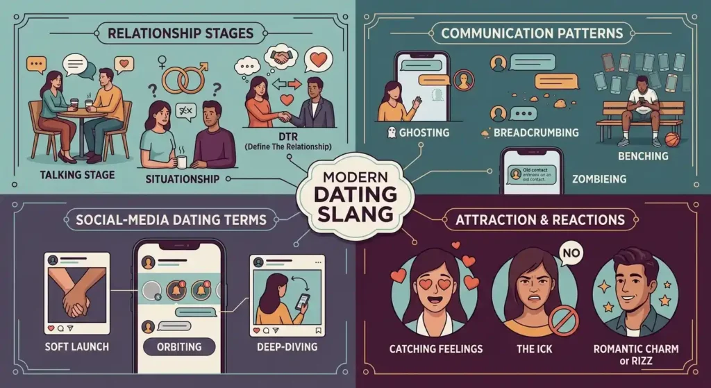 Visual guide grouping dating slang into relationship stages, communication patterns, social media terms, and attraction.