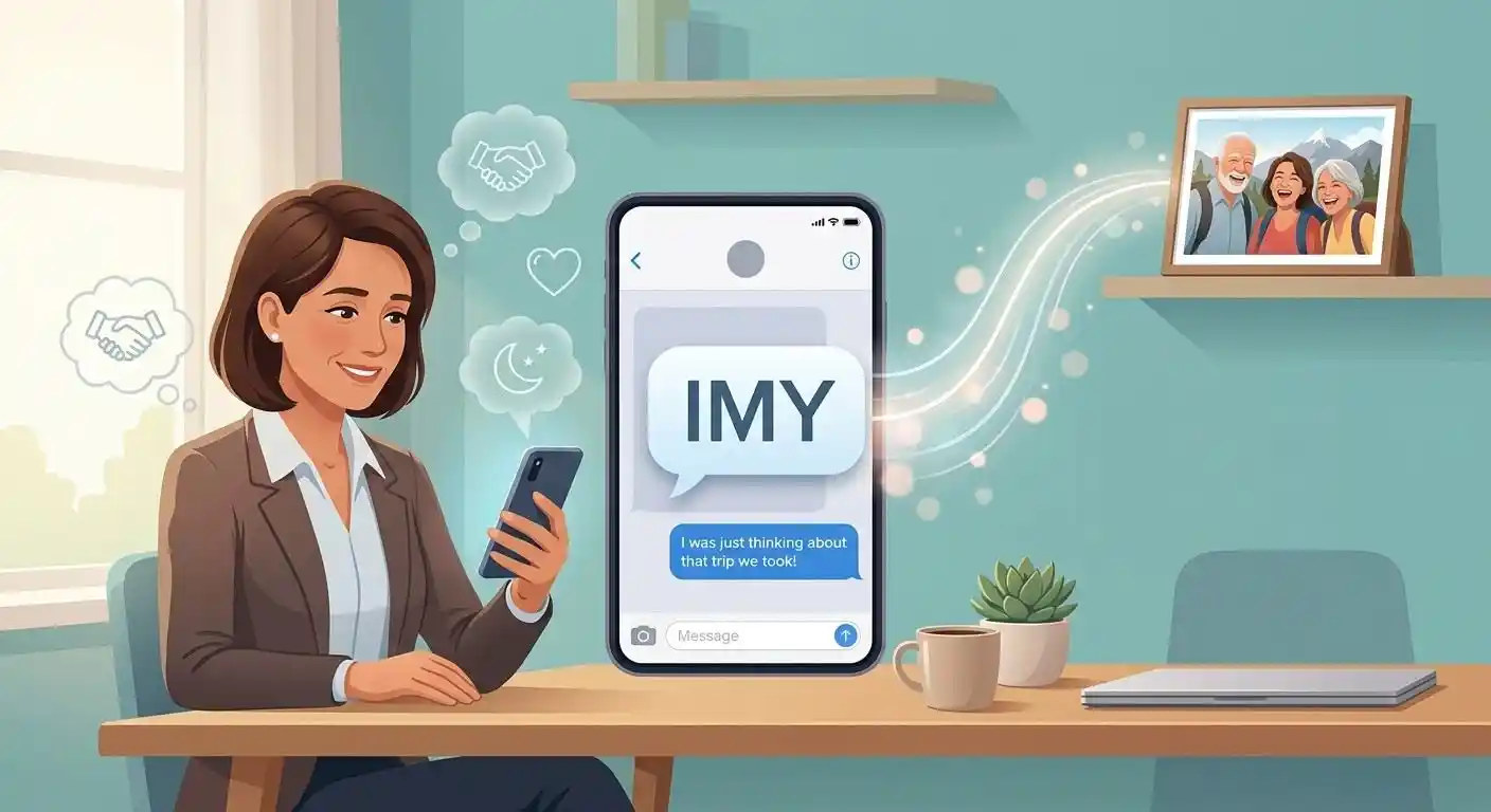 Adult receiving a text with IMY while thinking about someone they miss