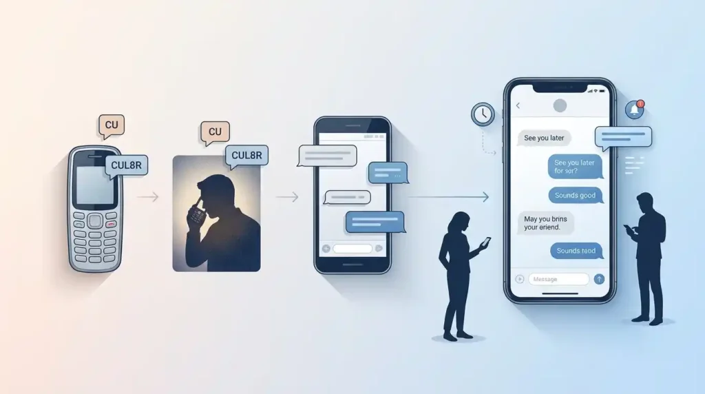 A visual timeline showing older texting shorthand such as CU and CUL8R