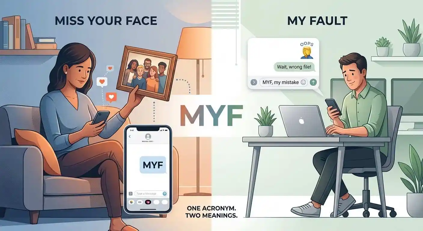 MYF showing the meanings Miss Your Face and My Fault in different text contexts