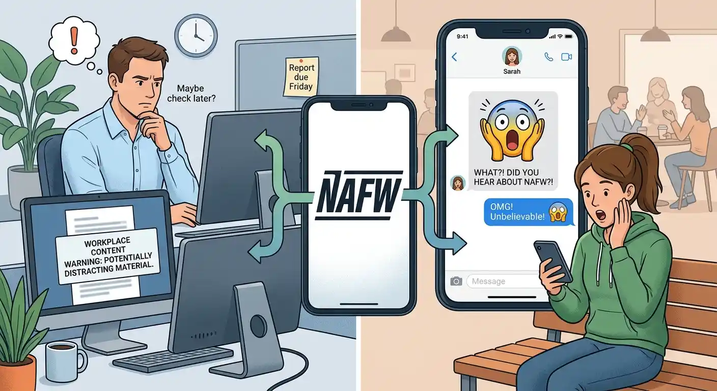 Illustration showing the two main NAFW meanings in workplace warnings and surprised reactions.
