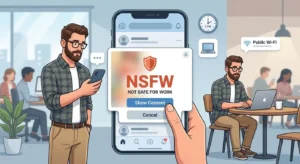 Illustration showing an NSFW warning label on potentially unsuitable digital content.