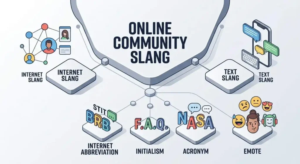 Visual comparison of online community slang with internet slang, abbreviations, acronyms, initialisms, and emotes