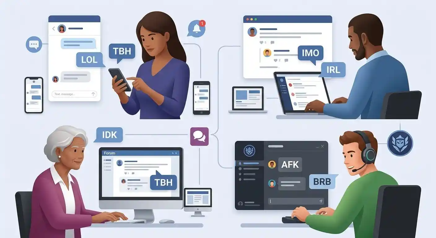 Adults using informal slang across messaging, social media, forums, and gaming communities